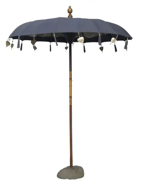 Product image 1 of the product “Bali umbrella, Dark Grey 2 with wooden coins and gold leaves hanging around the edge. Approx. 190cm dia. and 250cm height ”